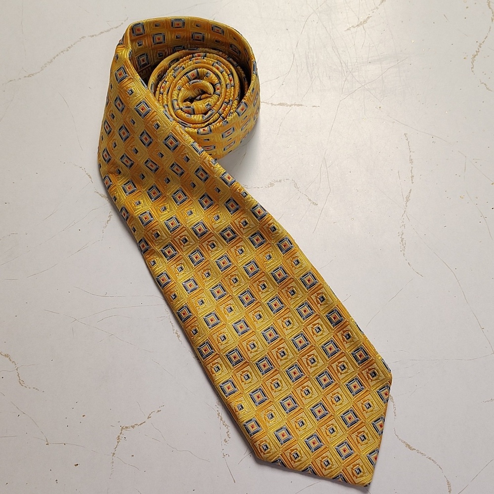 Altea Milano Silk Tie Gold Yellow Geometric Squares Wide